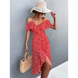 Ladies Spring Summer Sexy Straps Dress Women Green Off Shoulder Ruffles Casual Beach Dresses Female Floral Print Dress