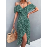 Ladies Spring Summer Sexy Straps Dress Women Green Off Shoulder Ruffles Casual Beach Dresses Female Floral Print Dress